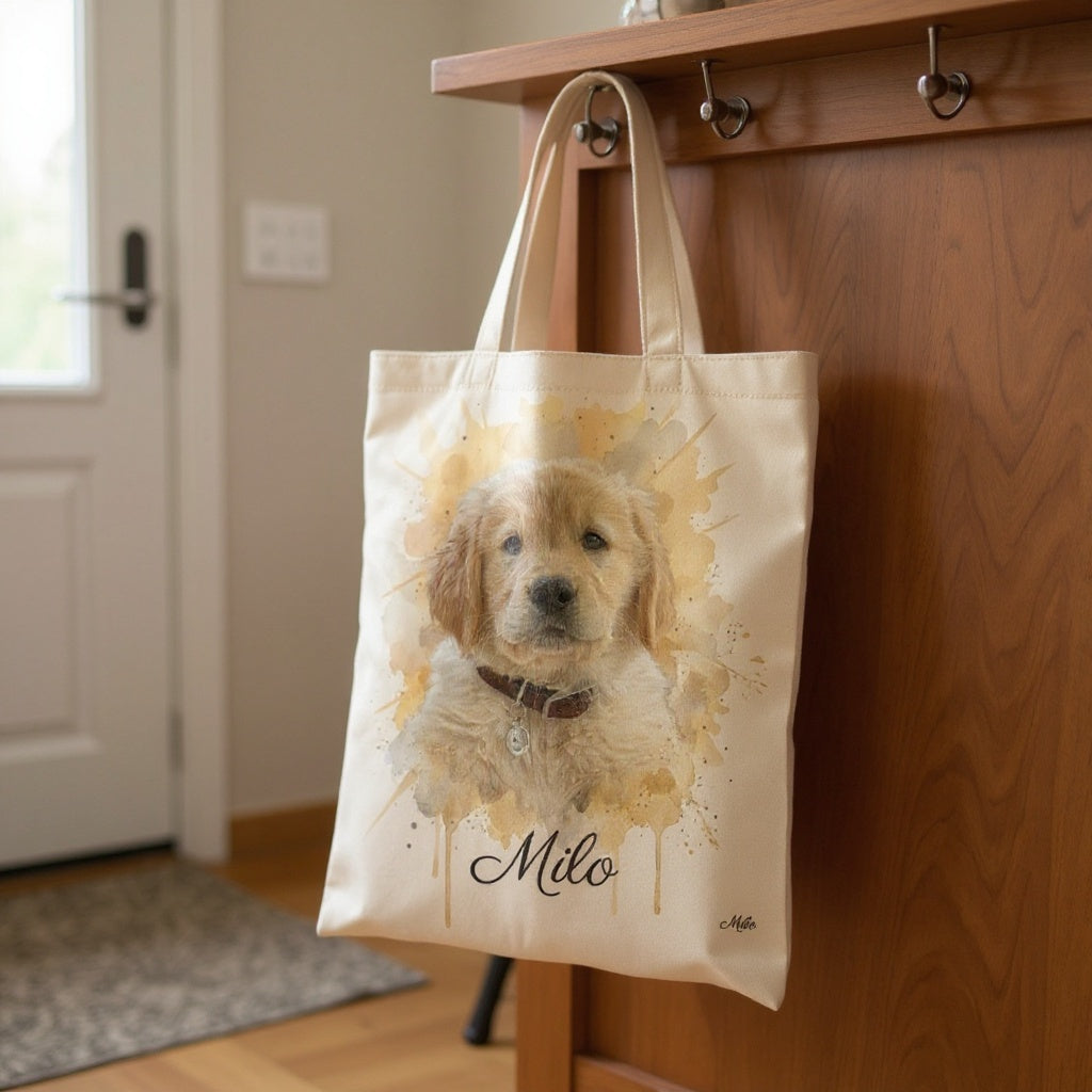 Tote bag naturel avec portrait aquarelle — photo réaliste