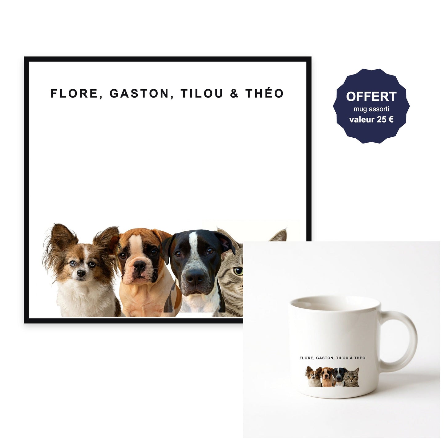 Toile portrait 4 animaux — 3 chiens et 1 chat, cadre noir, mug assorti offert