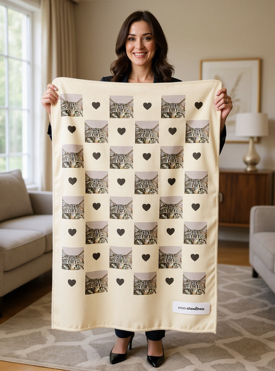 Plaid mosaïque chat tenu en grand — étiquette mon chouchou