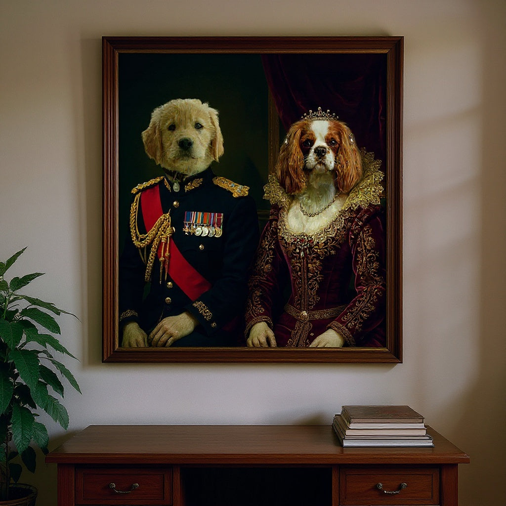 La Toile 2 Animaux — deux chiens en tenue royale sur une même toile, dans un salon