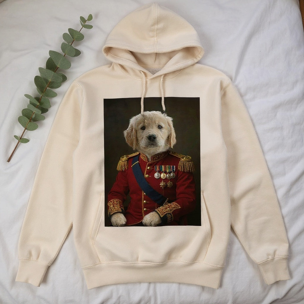 Sweat à capuche crème avec portrait de chien — photo réaliste